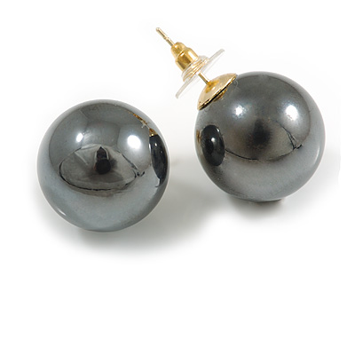 Large Hematite Coloured Acrylic Ball Stud Earrings - 20mm Diameter - main view