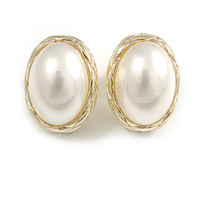 Bridal/ Party Oval Faux Pearl Stud Earrings in Gold Tone - 22mm Tall - main view