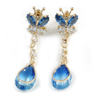 Blue/ Clear CZ Butterfly Dangle Earrings in Gold Tone - 45mm L