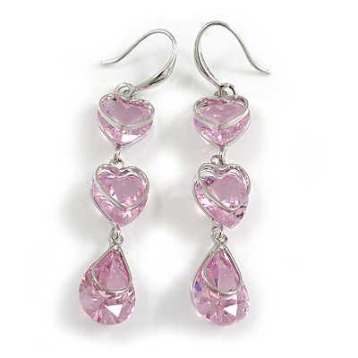 Multi Heart Pink Glass Drop Earrings in Rhodium Plating - 55mm Long - main view