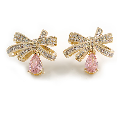 Gold Plated Clear/Pink CZ Bow Stud Earrings - 20mm Across - main view