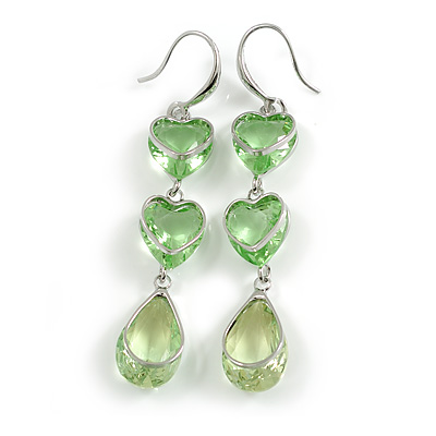 Multi Heart Green Glass Drop Earrings in Rhodium Plating - 55mm Long