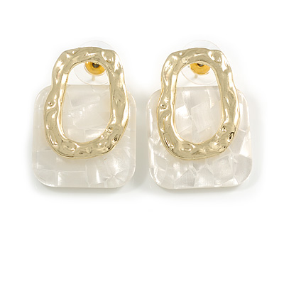 Contemporary Square White Acrylic with Hammered Metal Circle Stud Earrings in Gold Tone - 30mm Tall - main view