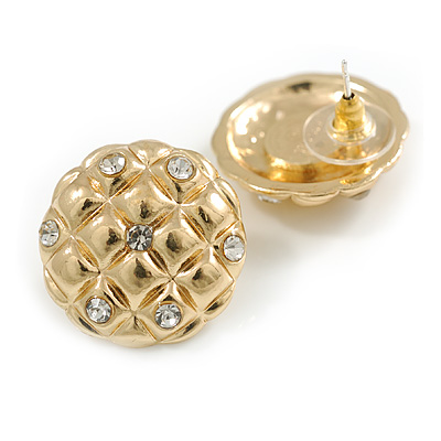 Crystal Round Quilted Dome Shape Stud Earrings in Gold Tone - 23mm Diameter - main view