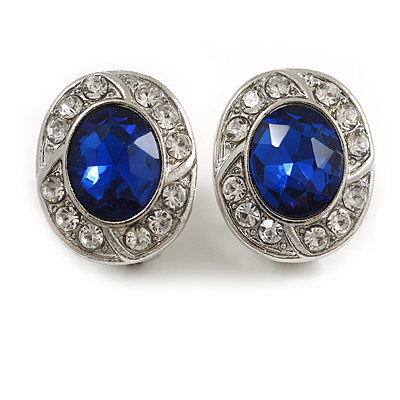 Blue/Clear Crystal Oval Clip On Earrings In Silver Tone - 18mm Tall - main view