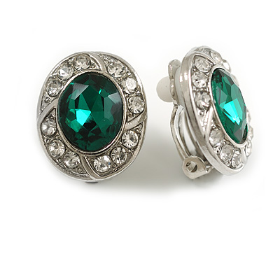 Green/Clear Crystal Oval Clip On Earrings In Silver Tone - 18mm Tall - main view
