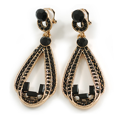 Vintage Inspired Black Crystal Loop Clip On Earrings In Aged Gold Tone - 60mm L - main view
