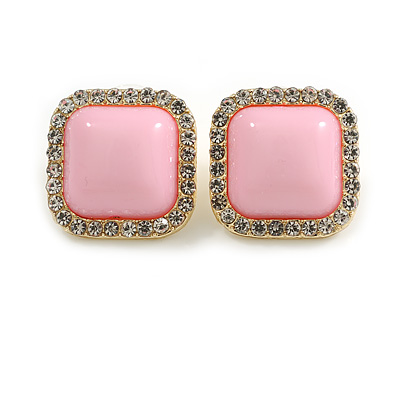 Acrylic Pink with Crystal Element Square Stud Earrings in Gold Tone - 20mm Tall