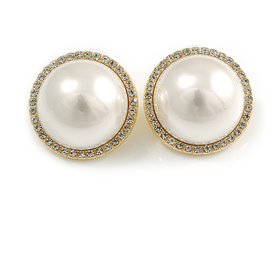 Round Faux Pearl Crystal Button Shaped Stud Earrings in Gold Tone - 23mm Diameter - main view