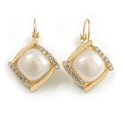 Square Pearl Crystal Drop Earrings in Gold Tone/ Leverback Closure - 33mm Long - main view