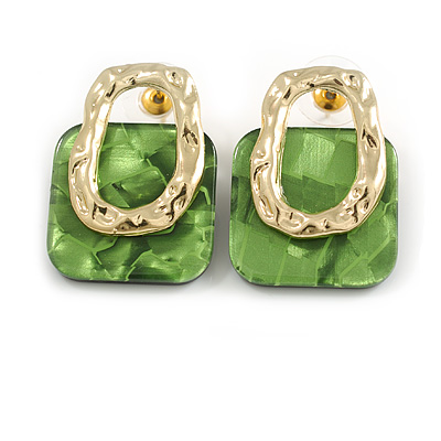 Contemporary Square Green Acrylic with Hammered Metal Circle Stud Earrings in Gold Tone - 30mm Tall