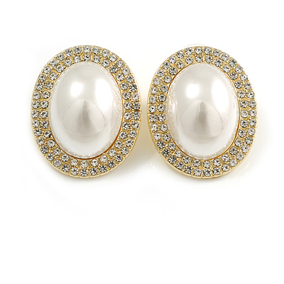 Large Faux Pearl Clear Crystal Oval Stud Earrings in Gold Tone - 30mm Tall - main view