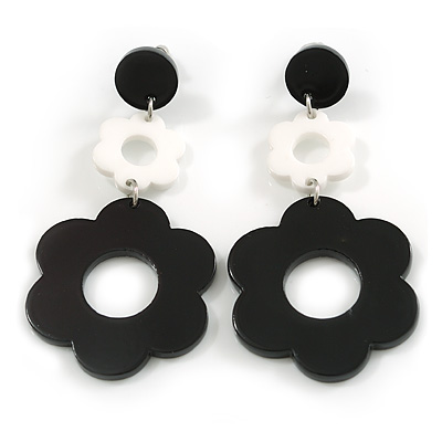 Black/White Acrylic Floral Drop Long Earrings - 70mm L - main view