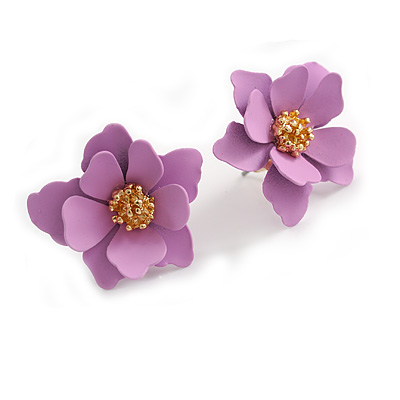 Matte Lavender Purple Layered Daisy Flower Stud Earrings in Gold Tone - 25mm Across - main view