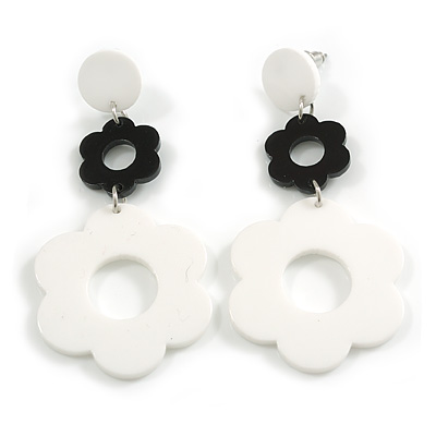 White/Black Acrylic Floral Drop Long Earrings - 70mm L - main view