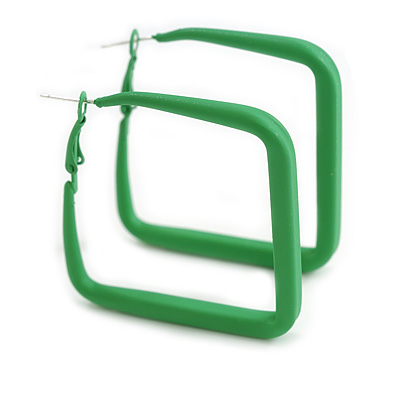 45mm D/ Slim Green Square Hoop Earrings in Matt Finish - Large Size