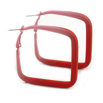 45mm D/ Slim Red/Pink Square Hoop Earrings in Matt Finish - Large Size