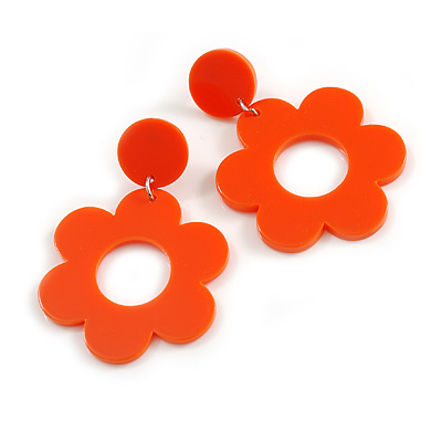 Orange Acrylic Open Cut Flower Drop Earrings - 55mm Long - main view