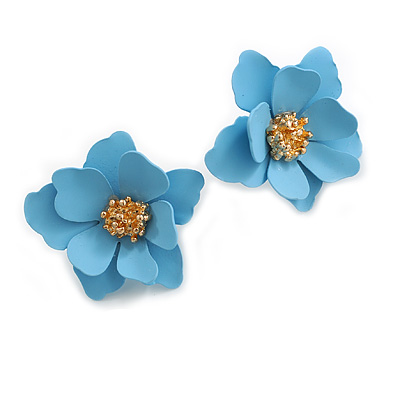 Matte Light Blue Layered Daisy Flower Stud Earrings in Gold Tone - 25mm Across - main view