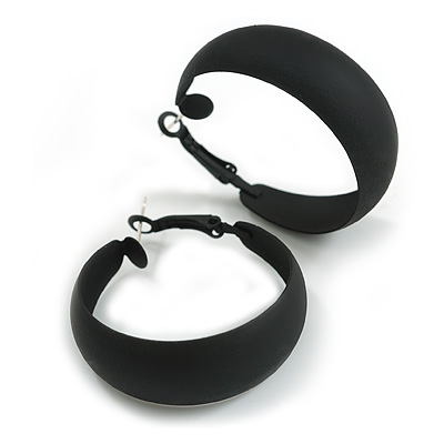 40mm D/ Wide Black Hoop Earrings in Matt Finish - Medium Size - main view