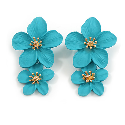 Cyan Blue Double Flower Drop Earrings in Matt Finish - 50mm Long - main view