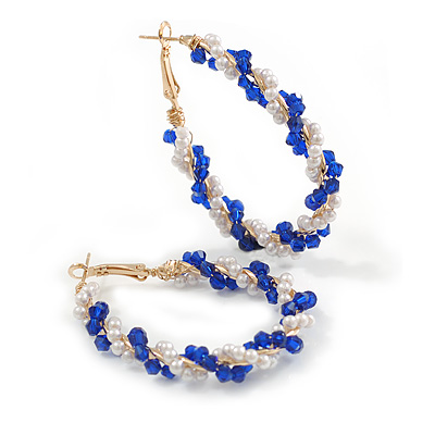 Large Blue/White Beaded Oval Hoop Earrings in Gold Tone - 50mm Tall - main view