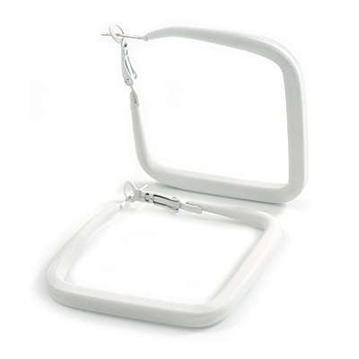 45mm D/ Slim White Square Hoop Earrings in Matt Finish - Large Size