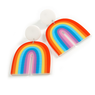Large Multicoloured Rainbow Acrylic Drop Earrings - 55mm Long - main view