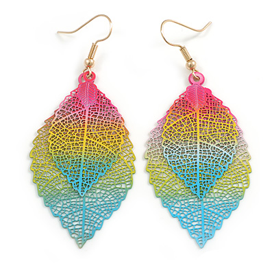 Multicoloured Double Leaf Drop Earrings - 70mm Long - main view