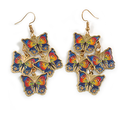 Multicoloured Lightweight Multi Butterfly Dangle Earrings in Gold Tone Metal - 60mm L - main view