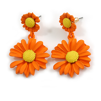Matt Orange/Yellow Daisy Flower Drop Earrings - 40mm L