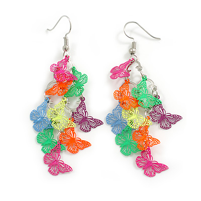 Multicoloured Enamel Multi Butterfly Dangle Earrings - 75mm Drop - main view