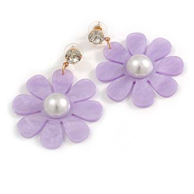 Lavender Acrylic Flower Drop Earrings In Gold Tone - 55mm L - main view