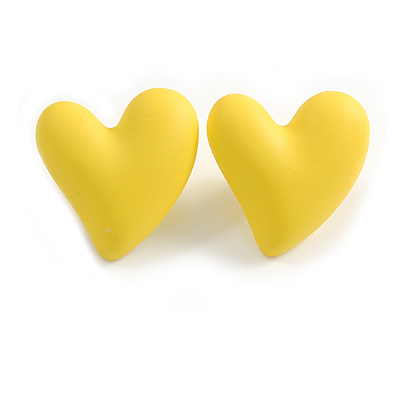Bright Yellow Acrylic Heart Stud Earrings (one-sided design) - 25mm Tall - main view