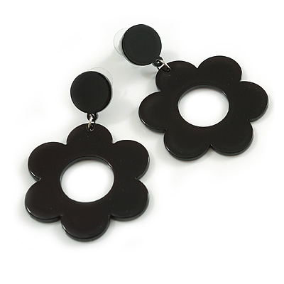 Black Acrylic Open Cut Flower Drop Earrings - 55mm Long - main view
