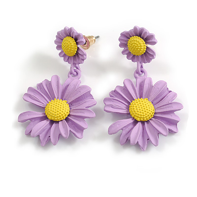 Matt Lavender/Yellow Daisy Flower Drop Earrings - 40mm L - main view