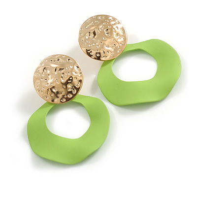 Off Round Curvy Hoop Earrings in Gold Tone (Lime Green Matt Finish) - 50mm Long