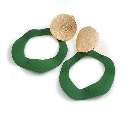 Off Round Textured Curvy Hoop Earrings in Gold Tone (Forest Green Matt Finish) - 50mm Long