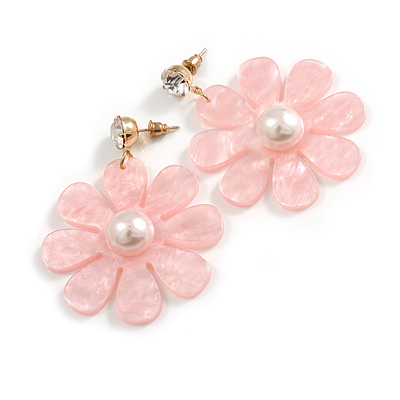 Pink Acrylic Flower Drop Earrings In Gold Tone - 55mm L - main view