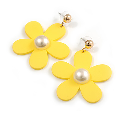 Bright Yellow Acrylic Flower Drop Large Earrings - 55mm L - main view