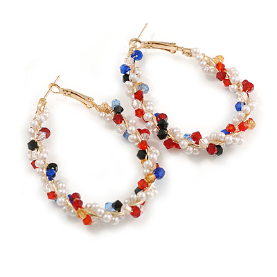 Large Multicoloured/White Beaded Oval Hoop Earrings in Gold Tone - 50mm Tall - main view