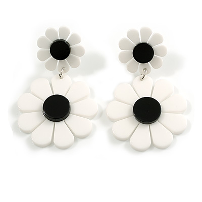 White/Black Acrylic Floral Drop Earrings - 55mm L - main view