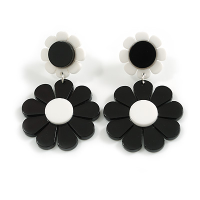 Black/White Acrylic Floral Drop Earrings - 55mm L - main view