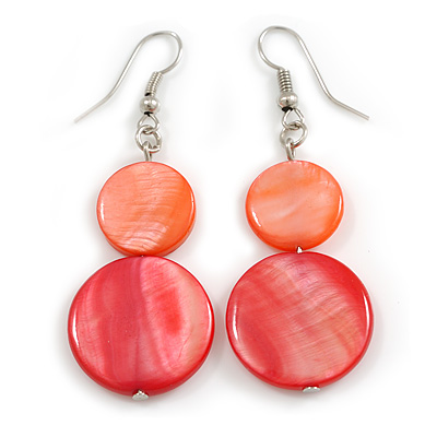 Double Bead Shell Drop Earrings In Silver Tone/ Red/Carrot (Natural Irregularities) - 55mm Long - main view