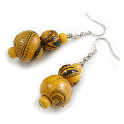 Yellow/ Black Double Bead Wooden Drop Earrings - 60mm Long