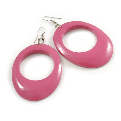 Pink Oval Wooden Hoop Earrings - 80mm Long (Possible Natural Irregularities)