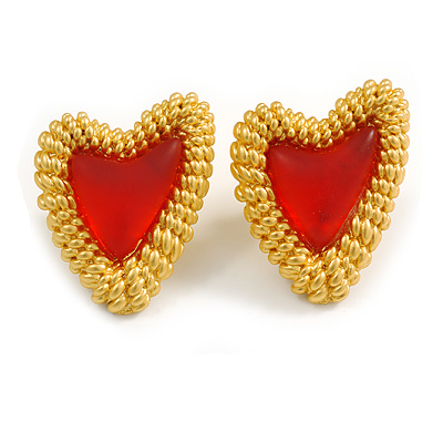 Assymetric Red Acrylic Bead Stud Earrings in Gold Tone - 25mm Tall - main view