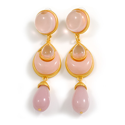 Long Light Pink Acrylic Bead Dangle Earrings in Gold Tone - 85mm Long - main view