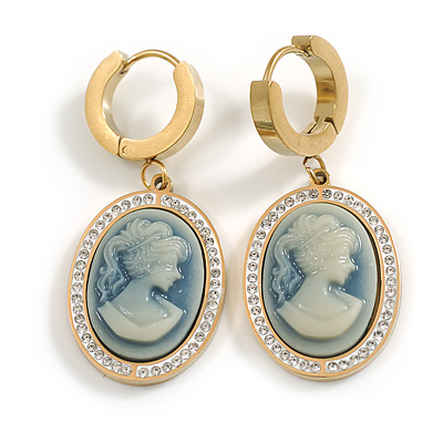 Classic Pale Blue Cameo Crystal Oval Drop Earrings with Round Closure - 40mm L - main view