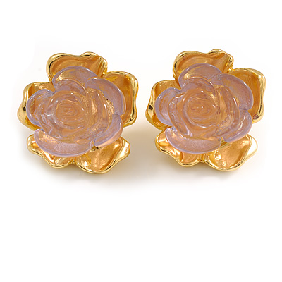Large Pale Pink Resin Rose Flower Stud Earrings in Gold Tone - 30mm D - main view
